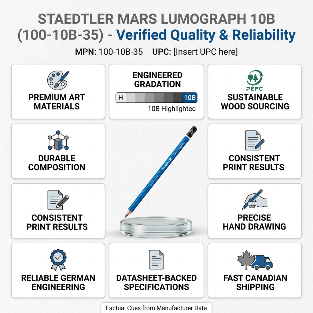 A trust infographic displaying the STAEDTLER Mars Lumograph 10B pencil with nine factual cues and icons.