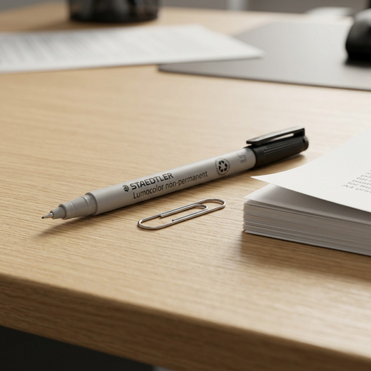 STAEDTLER Lumocolor non-permanent pen beside a paperclip on a desk for scale.