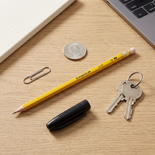 STAEDTLER HB pencil and common items on a desk, illustrating scale for visual comparison.