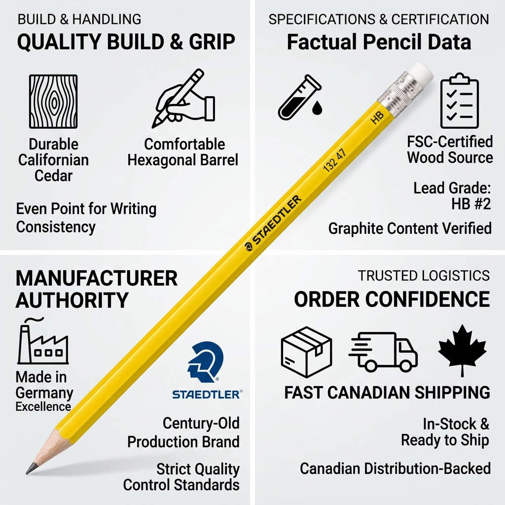 Trust and authority visual matrix infographic featuring the accurate STAEDTLER HB#2 pencil image, build facts, manufacturer data, and Canadian shipping guarantees.