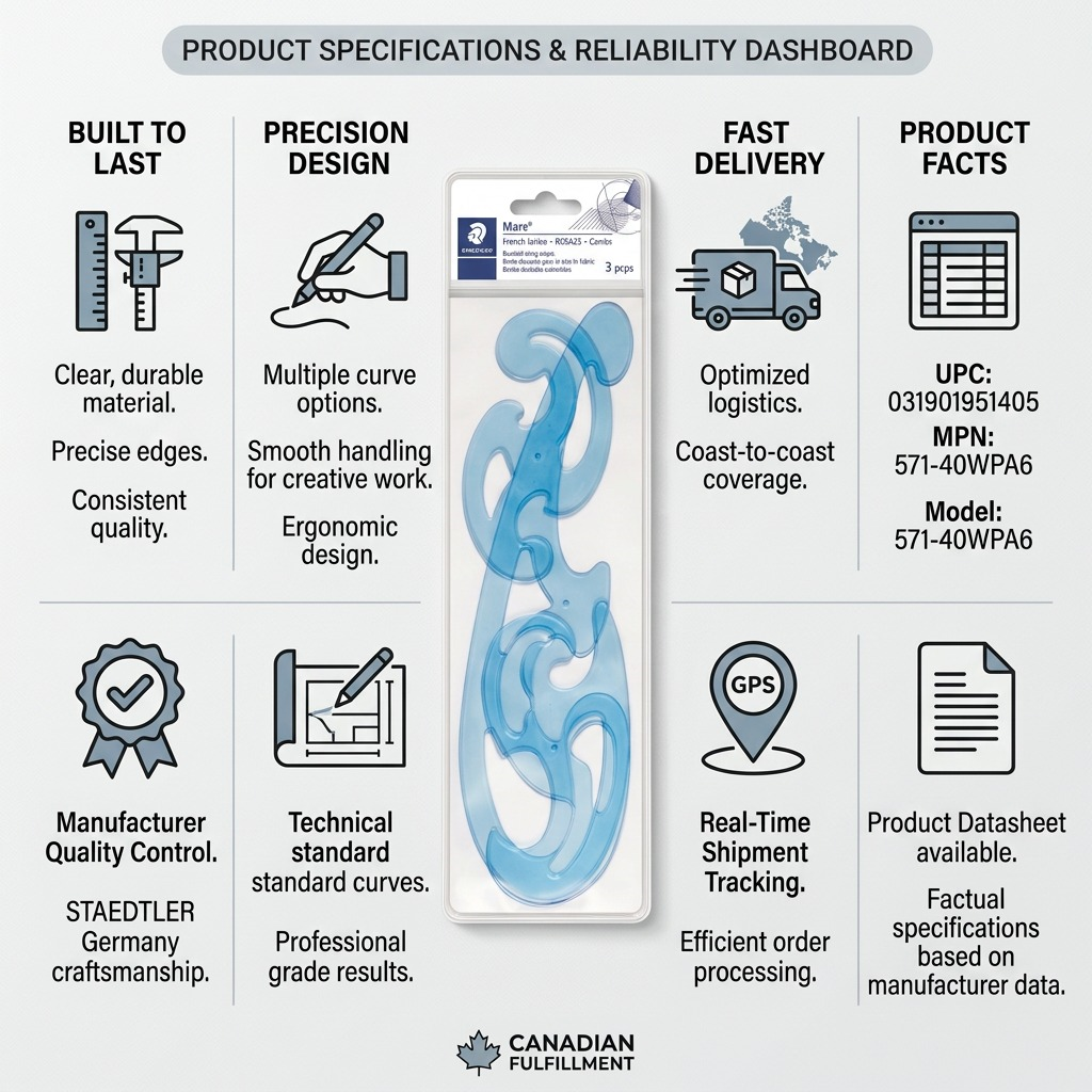 A detailed trust and authority infographic with the STAEDTLER Mars Limited Curve French curve set in its packaging as the central visual focus. The graphic features surrounding icon-led columns detailing product facts like material, manufacturing, handling, and fast Canadian shipping.