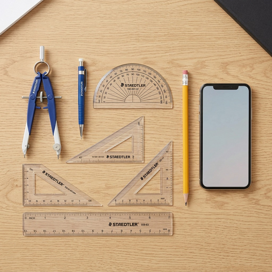 Staedtler geometry set with protractor and compass on a wooden desk next to a mechanical pencil and smartphone for scale reference.