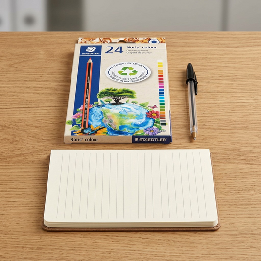 STAEDTLER Wopex 24pk shown lying on the surface of a standard notebook and next to a pencil.