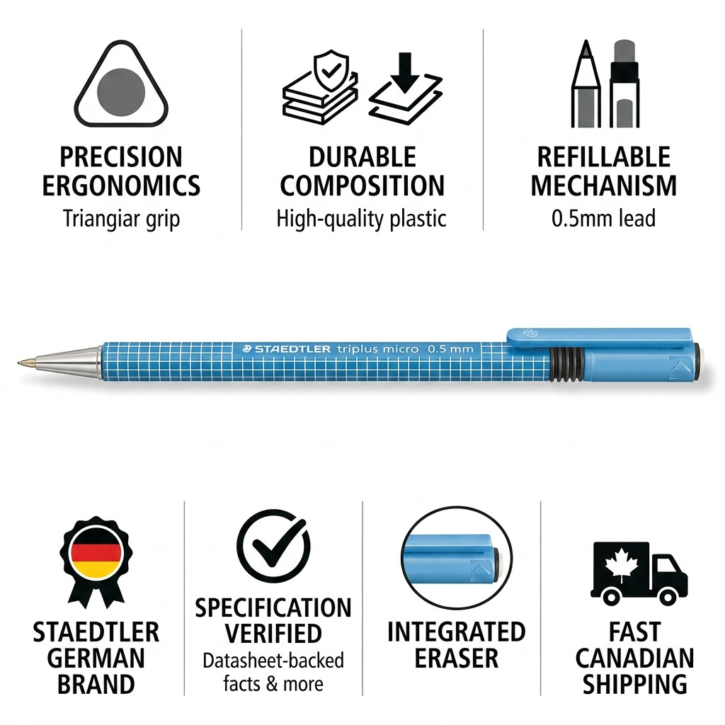 Factual confidence infographic for the STAEDTLER triplus micro pencil with feature icons.