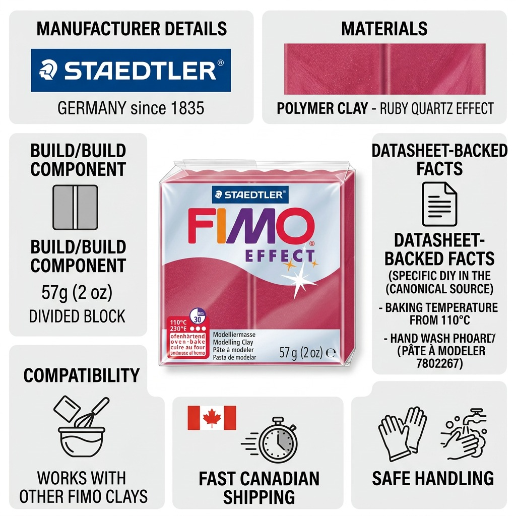 PDP visual matrix infographic for STAEDTLER FIMO Effect Ruby Quartz modelling clay, featuring product facts, Canadian flag, and icons.