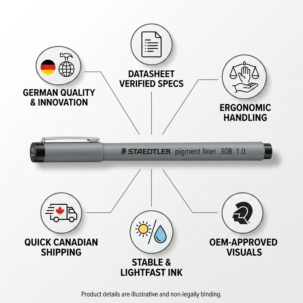 An informative graphics collage featuring the STAEDTLER Pigment Liner, highlighting its quality and key features with clear icons and brief text.