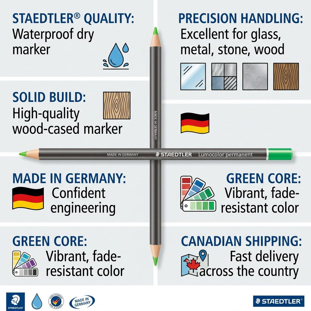 An infographic-style product visualization matrix for a green STAEDTLER Lumocolor waterproof dry marker pencil. Pointing cues and icons highlight its features: waterproof use, versatile surface marking (glass, metal, etc.), quality wooden construction, German manufacturing, vibrant green color, and fast Canadian shipping. It uses clean, factual cues grounded in manufacturer details and logical product functions, aiming to build trust. Zero-Randmar and zero-reviews content.