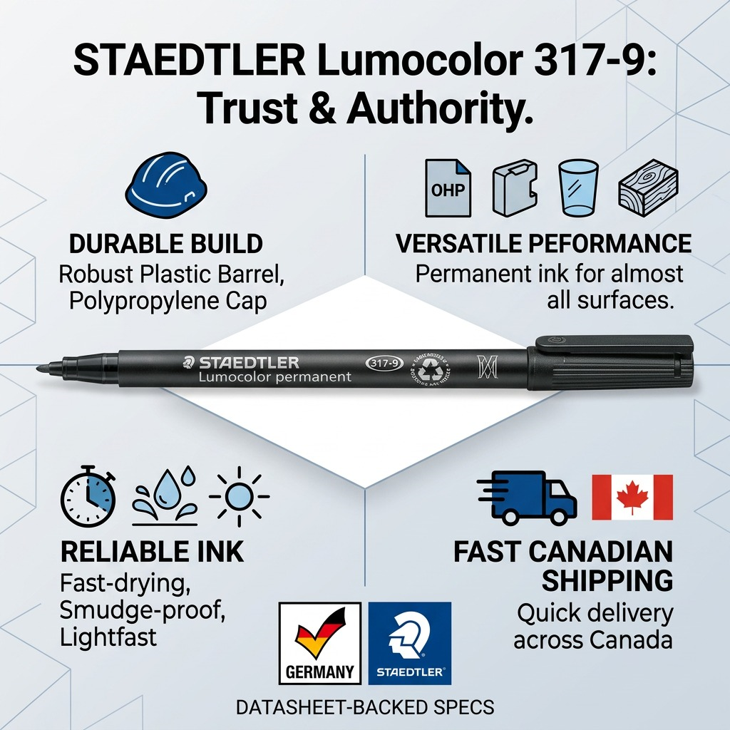 STAEDTLER Lumocolor M Black Marker infographic with confidence icons for durable design, multi-surface use, fast drying, and Canadian shipping.