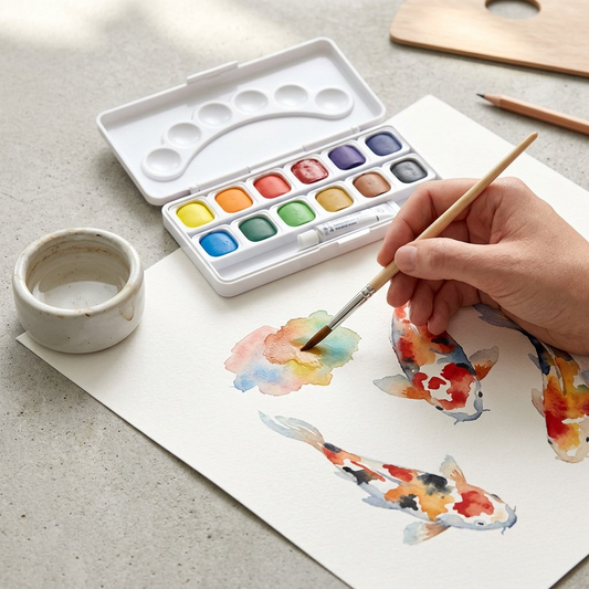 Close-up photo of the open STAEDTLER watercolor set and brush on watercolor paper with a koi fish painting in progress.