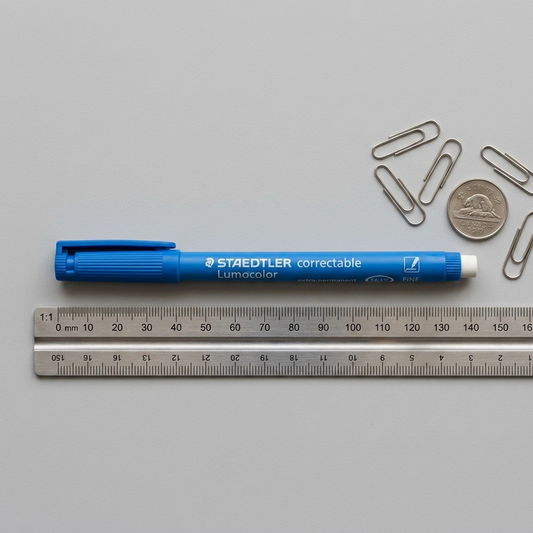 PDP Visual Matrix Image 2: A top-down view comparing a blue Staedtler correctable pen to a standard ruler and a paperclip.