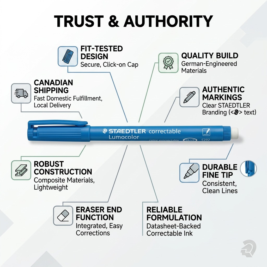 Trust and authority infographic for the STAEDTLER Lumocolor M marker with Canadian shipping details.