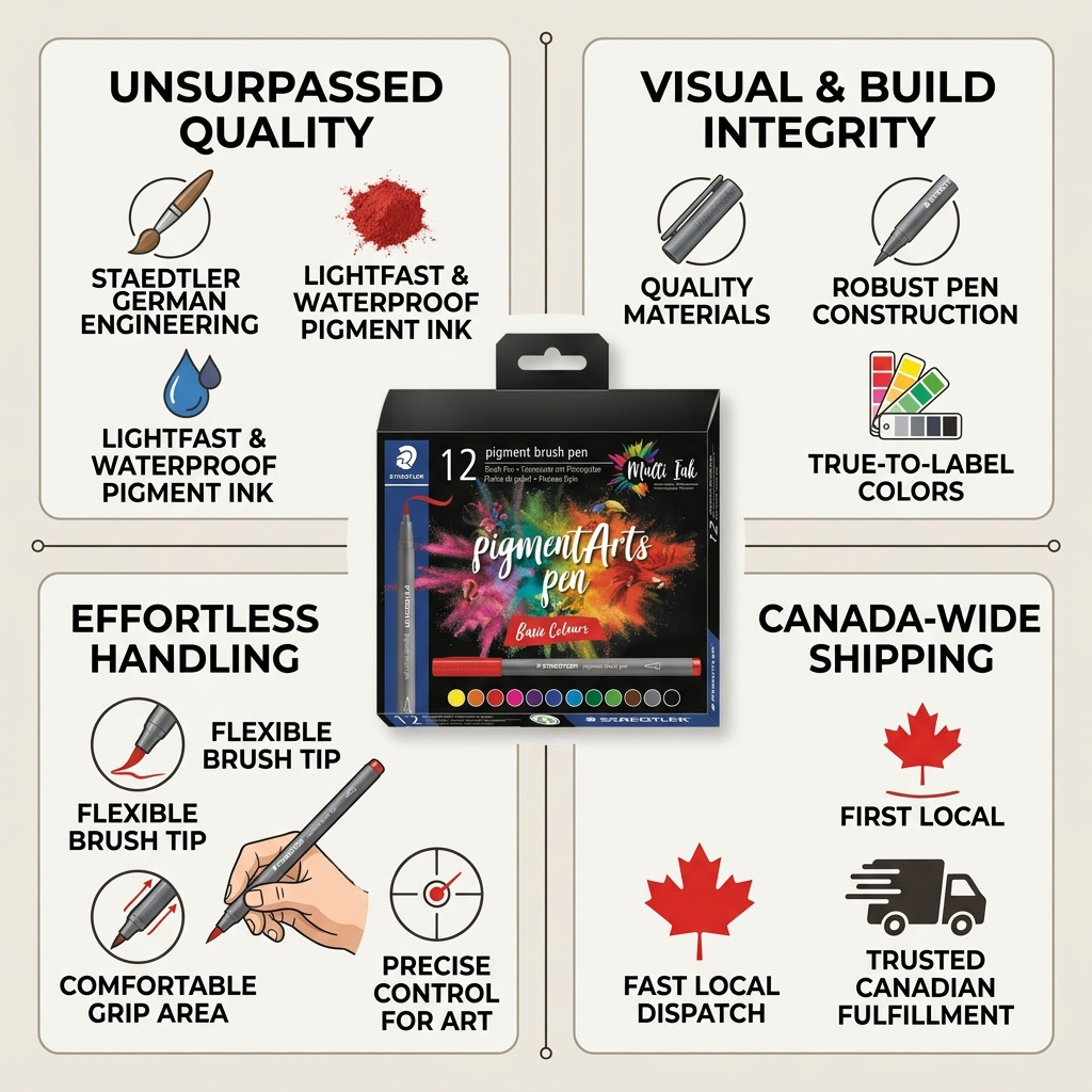 A clean ecommerce infographic featuring the STAEDTLER set with icons highlighting quality, materials, and Canadian shipping.