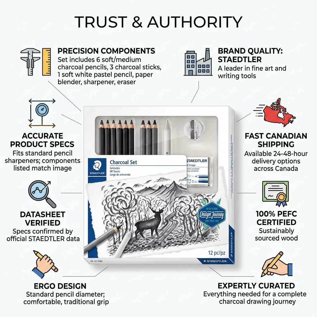 STAEDTLER Mixed Charcoal Set infographic showcasing 'TRUST & AUTHORITY' with Canadian reliability cues.