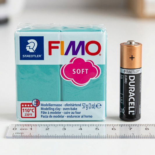 A teal 57g Fimo Soft clay packet stands vertically beside an AA (LR6) battery and a ruler on a desk surface.