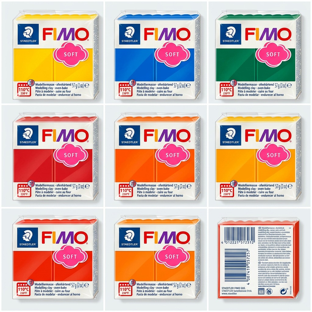 Matrix of STAEDTLER Fimo Soft clay packs showing different colors and the back label with instructions.
