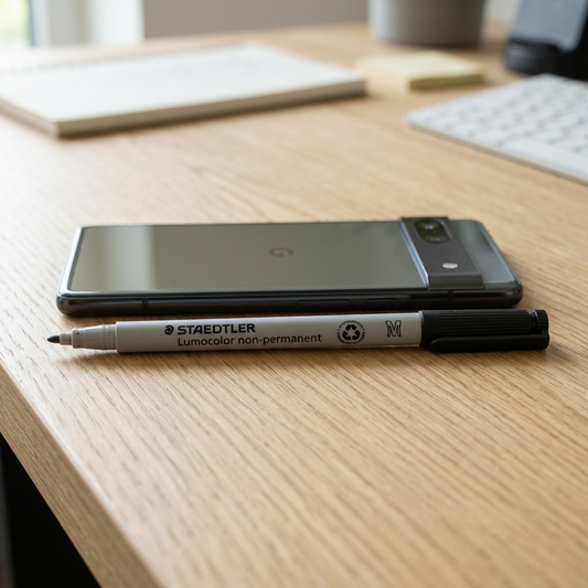 Side-by-side view showing the STAEDTLER non-permanent marker next to a smartphone for size comparison.