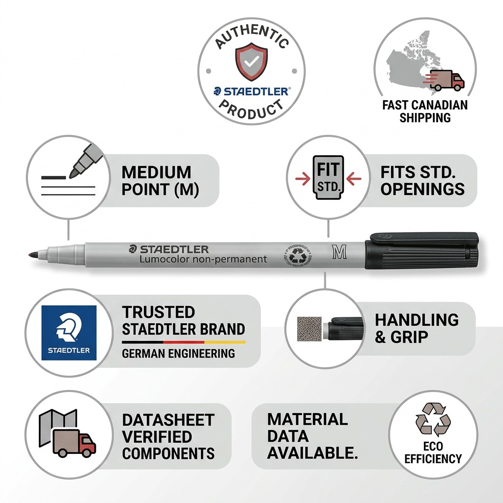 An informative graphic that displays key features and shipping information for the STAEDTLER black non-permanent marker.
