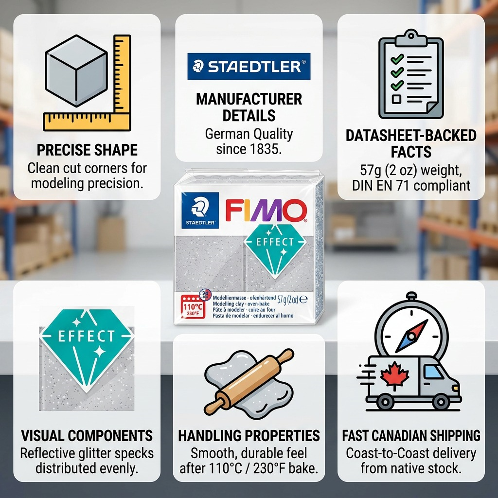Infographic matrix for STAEDTLER Fimo Effect Glitter Silver: precise shape, German quality, datasheet facts, visual glitter speckle.