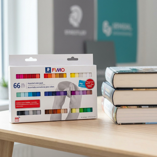 A scale reference image showing the STAEDTLER Fimo Soft set next to common art tools and a laptop.