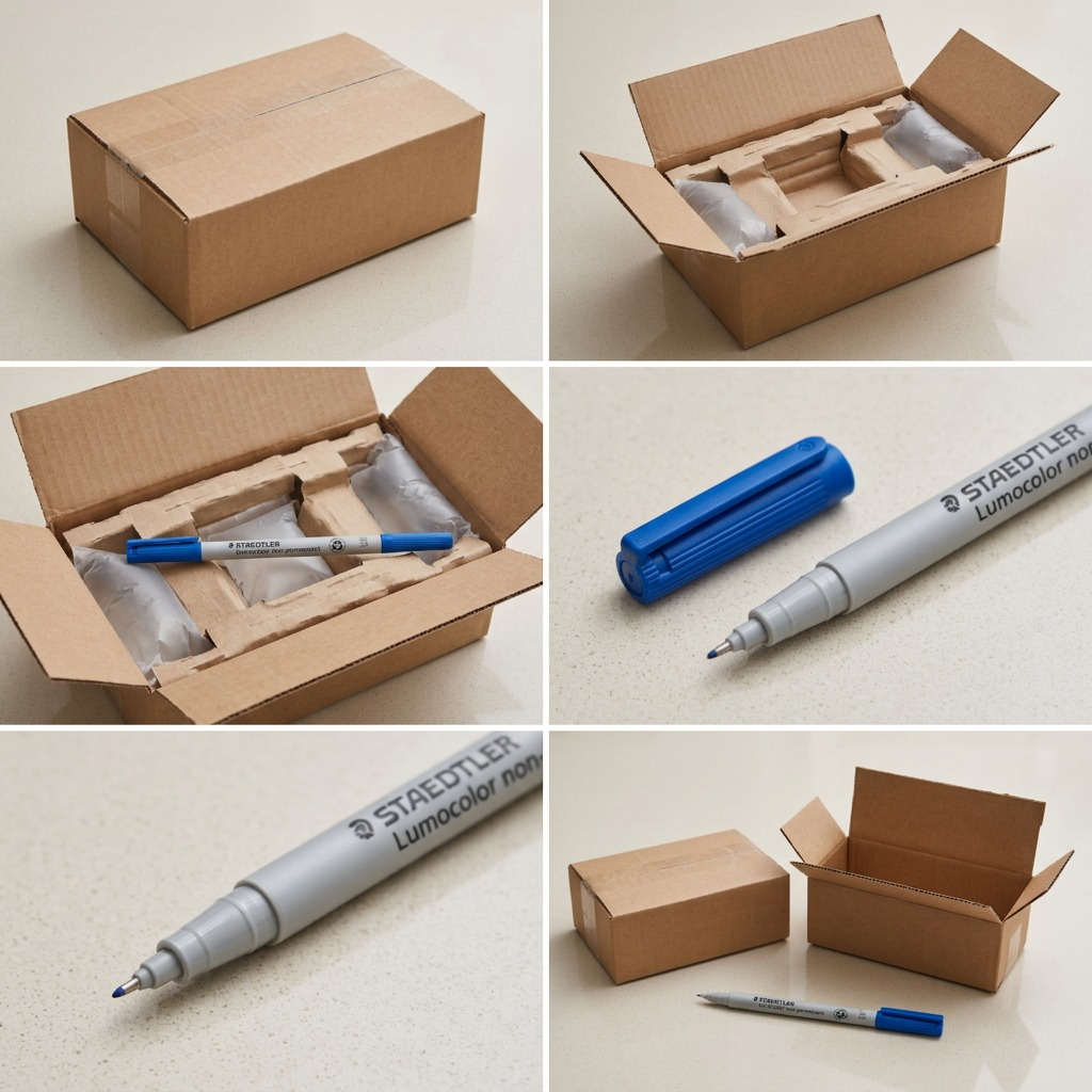 Photo of a STAEDTLER Lumocolor blue marker unboxing, showing protective shipping materials.