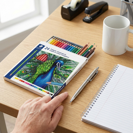 An open STAEDTLER triangular colored pencil set box on an oak desk next to a human hand and a ruler.