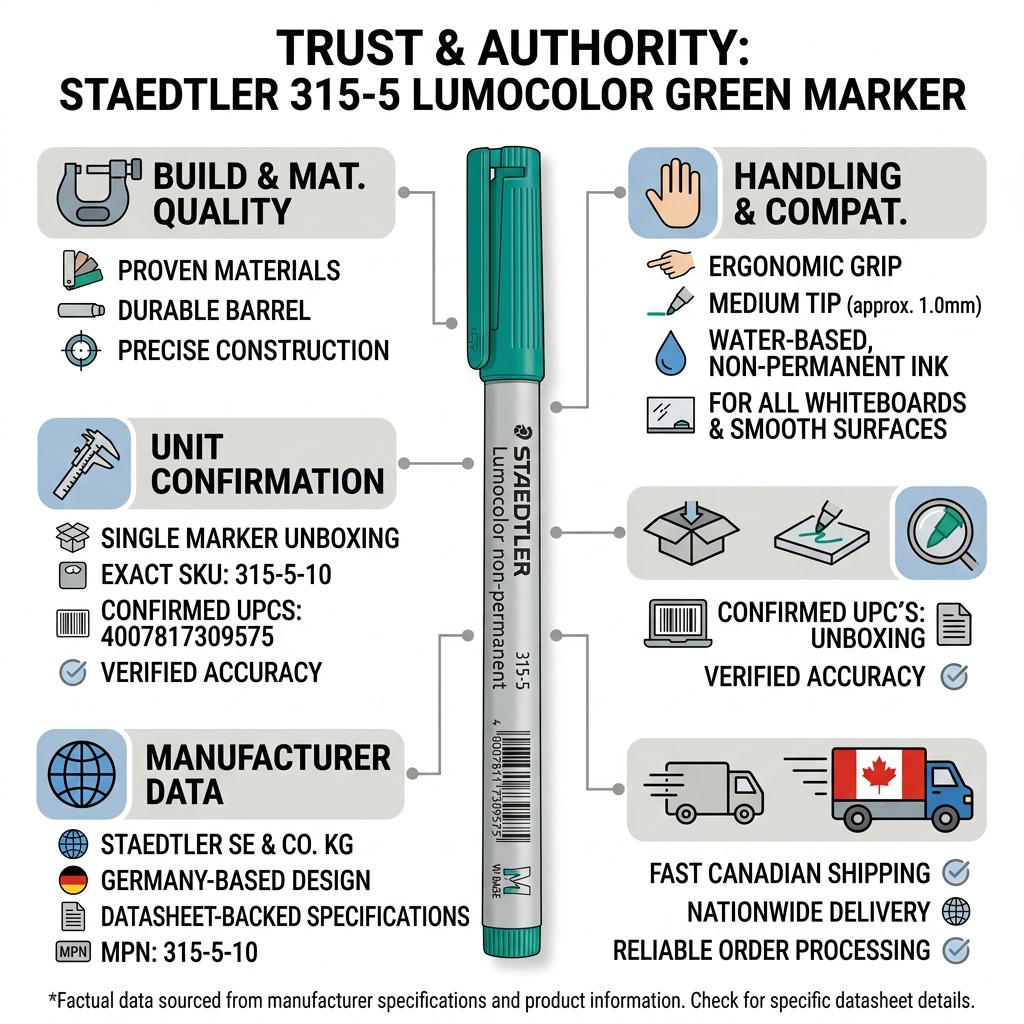 Infographic matrix showing a STAEDTLER Lumocolor non-permanent medium green marker with technical and service details.