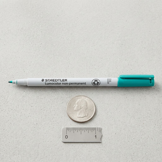 A STAEDTLER fine green pen next to a U.S. quarter and a small metal ruler on a grey surface.