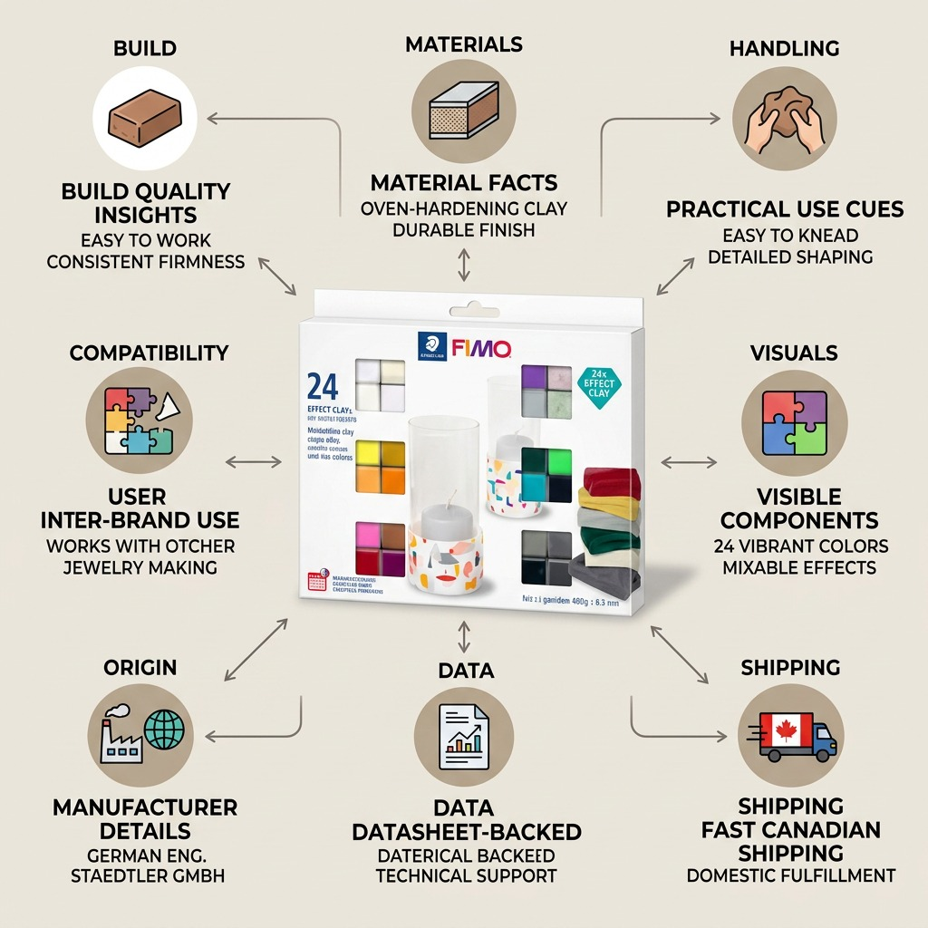 Infographic matrix for STAEDTLER Fimo Effect 24-Color Set with trust cues and Canadian shipping.