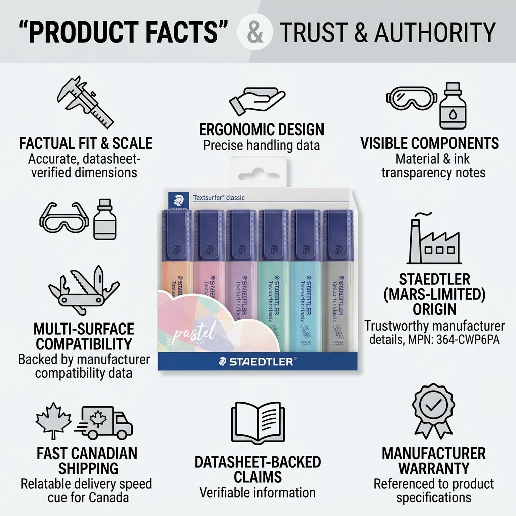 An infographic displaying the STAEDTLER highlighter set with factual icons about its specifications and shipping.
