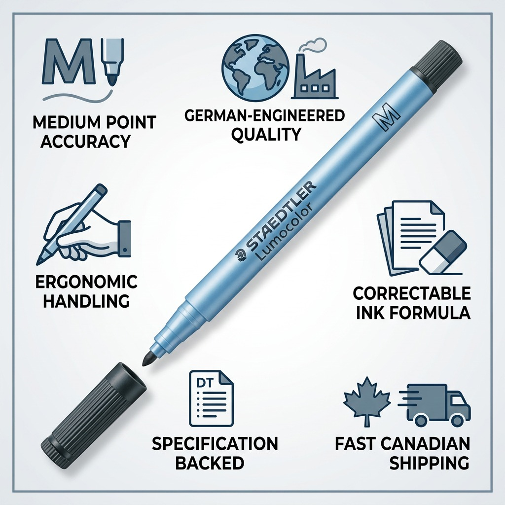 Infographic matrix highlighting the reliability and factual features of the STAEDTLER Lumocolor M marker.