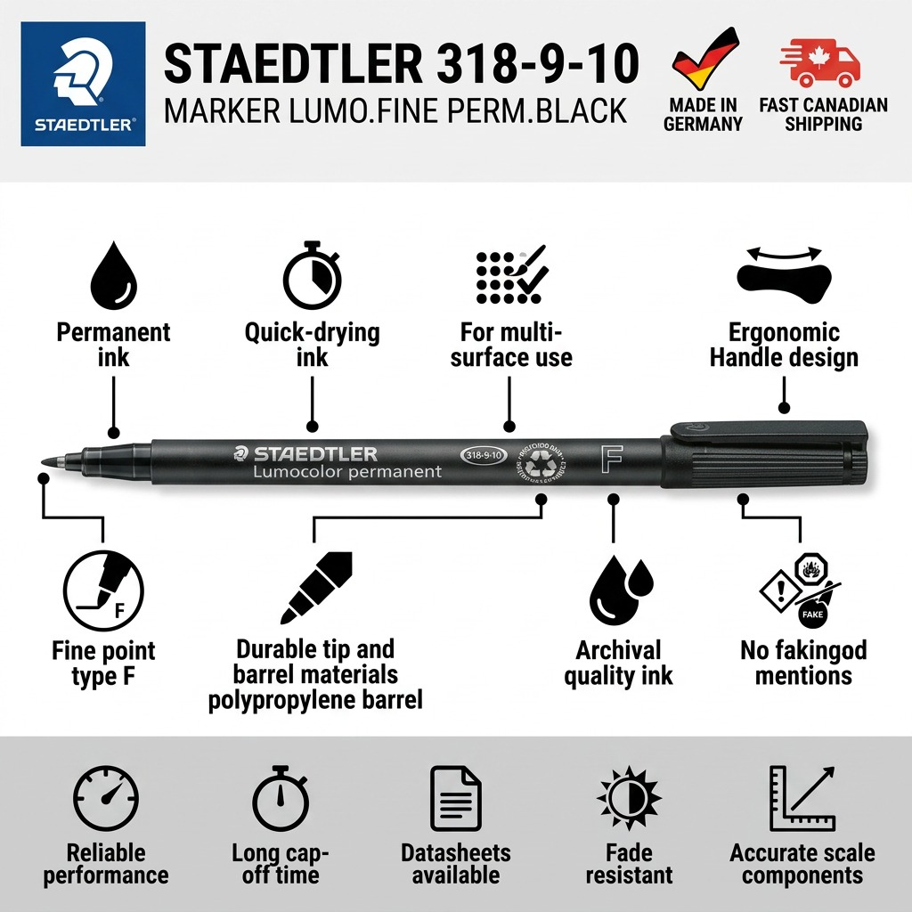 A vertical infographic matrix showing the STAEDTLER marker with factual data icons and short phrases.