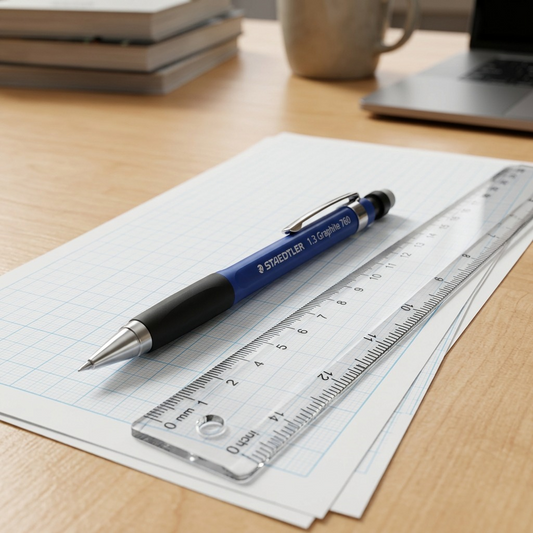 A STAEDTLER mechanical pencil is placed on lined paper beside a clear ruler for accurate size comparison.
