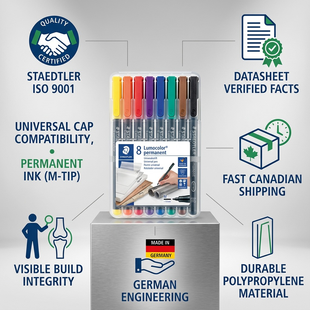 Infographic showing STAEDTLER permanent markers, emphasizing quality, fast Canadian shipping, and German engineering.