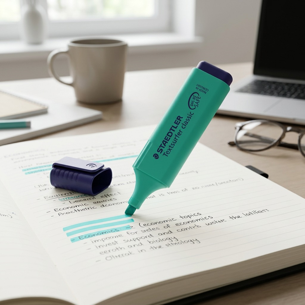 A photo of a STAEDTLER Textsurfer turquoise highlighter being used on notes on a desk.
