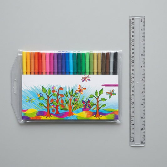 A clear photo of the 24 STAEDTLER markers in their pouch beside a standard 30cm ruler for scale.