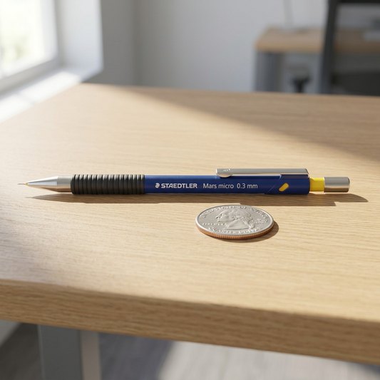 A close-up shot compares the blue Staedtler Mars micro 0.3mm mechanical pencil to a US quarter coin.
