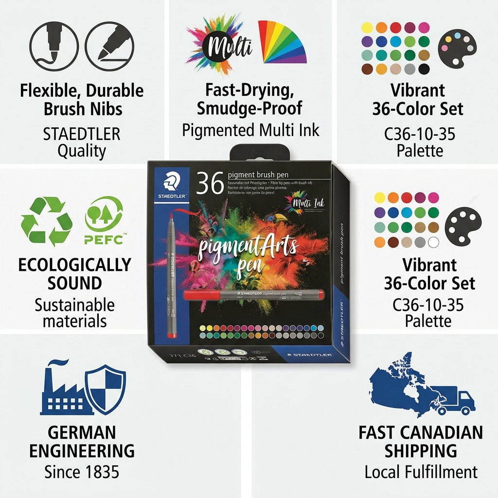 Trust and authority infographic for STAEDTLER Pigment Arts Pen set, 36 pack.
