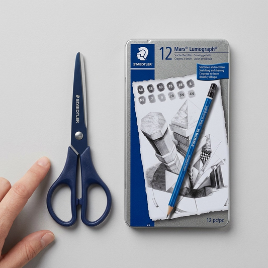 A photograph showing the STAEDTLER Mars Lumograph pencil tin placed beside a hand for scale, on a studio background.