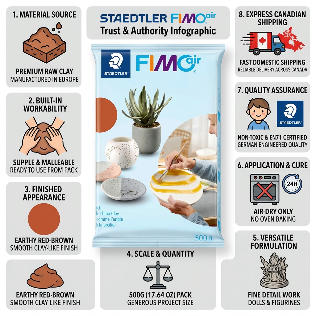 A trust and authority infographic matrix for STAEDTLER Fimoair Terracotta 500g featuring canonical product image and 8 concise factual cue blocks with icons and text.