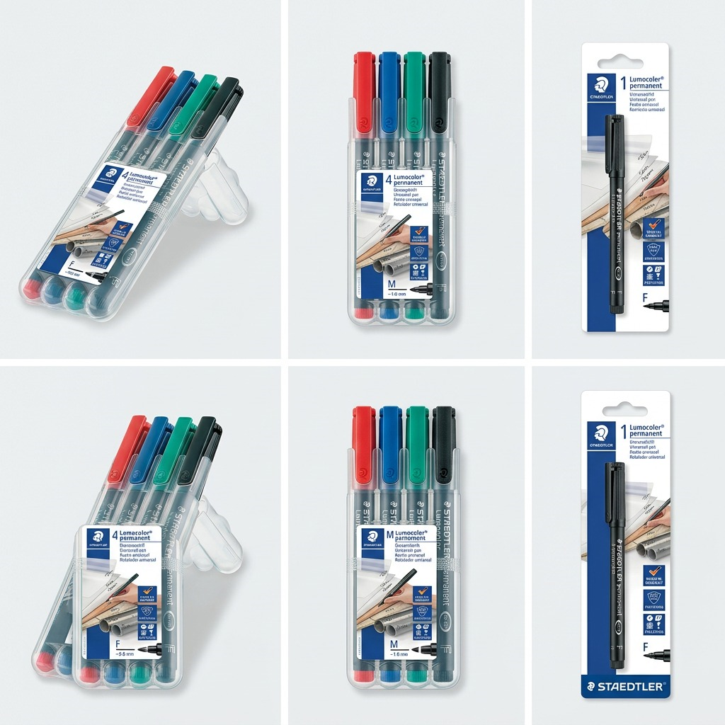 A 3x1 configuration matrix showing fine and medium tip Lumocolor marker sets and an individual fine tip marker.