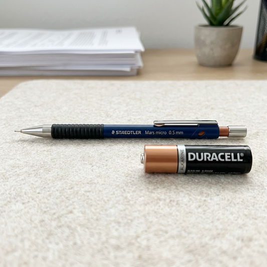 A photo of the Staedtler Mars micro 0.5mm.BL pencil beside a standard AA battery.
