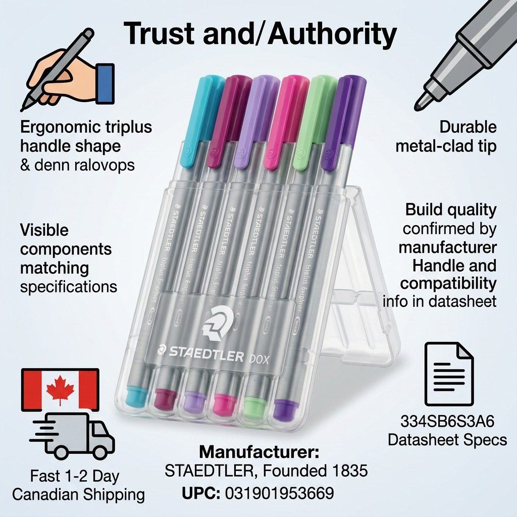 An infographic showing the STAEDTLER Fineliner set, with trust icons and factual cues, on a clean light background.
