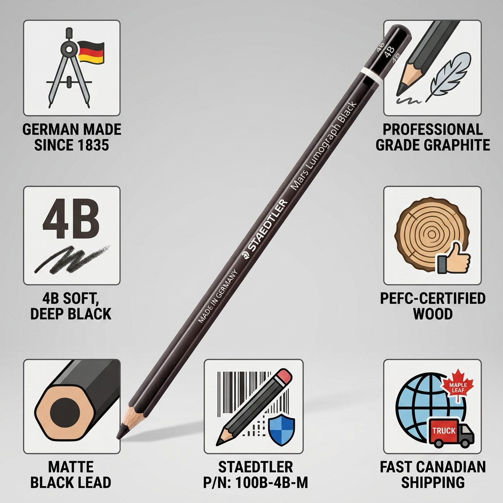 A detailed infographic visual for the STAEDTLER Mars Lumograph Black 4B pencil (100B-4B-M), showing factual product features and fast Canadian shipping.