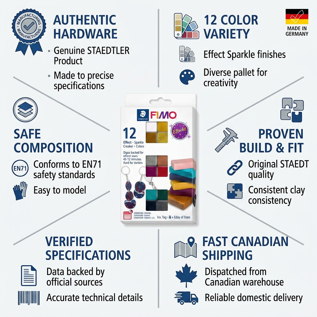 An infographic highlighting the quality, safety, variety, specifications, and fast Canadian shipping for Fimo clay.