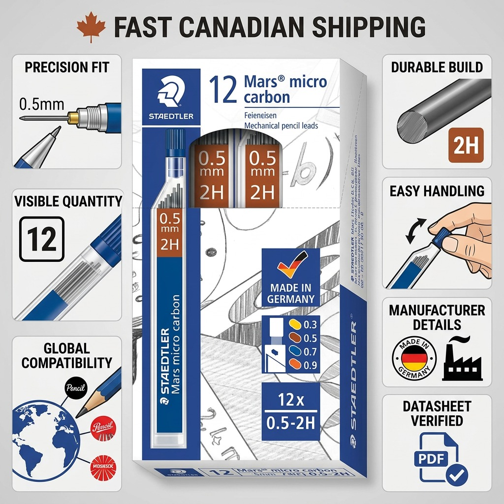 Infographic matrix showing a STAEDTLER Mars 0.5mm 2H lead refill pack surrounded by factual confidence cues.
