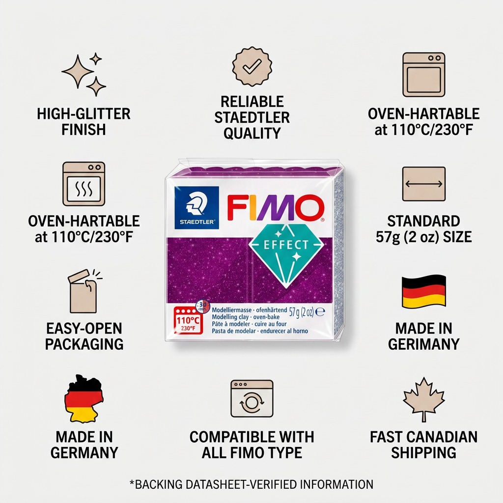 A clean infographic featuring the FIMO Effect Galaxy Purple product centered, surrounded by various authority and quality assurance icons and text.