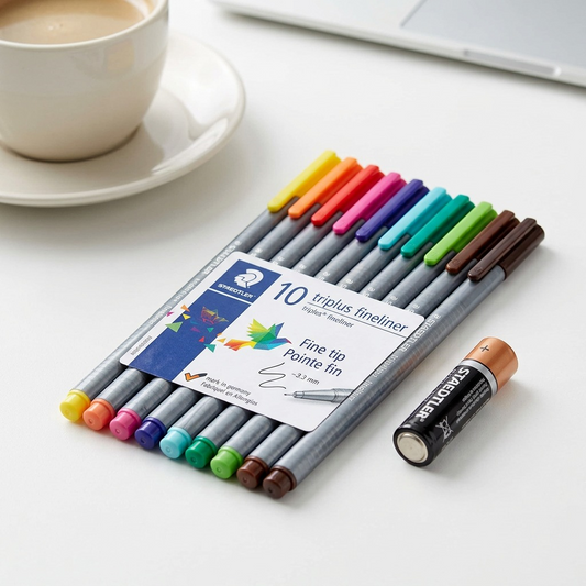 A close-up image showing a STAEDTLER triplus fins pen with cap on, as if taken from the canonical image_0.png set, sitting perfectly parallel to and touching the top-long-edge of a standard AA battery on a light grey wooden desk surface. Realistic soft studio lighting highlights both items.