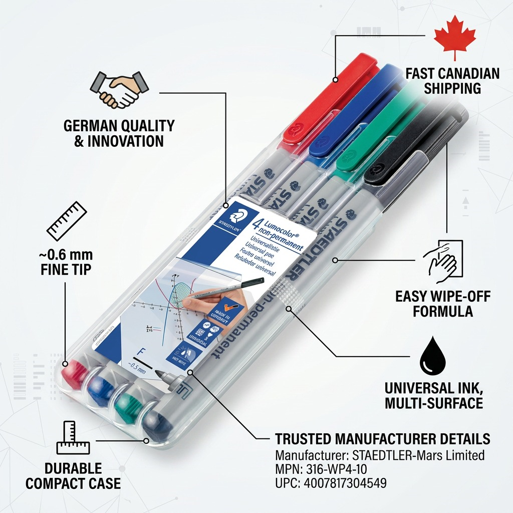 An infographic for STAEDTLER Lumocolor non-permanent markers in a clear case, showcasing icons and text for quality, features, and fast delivery.