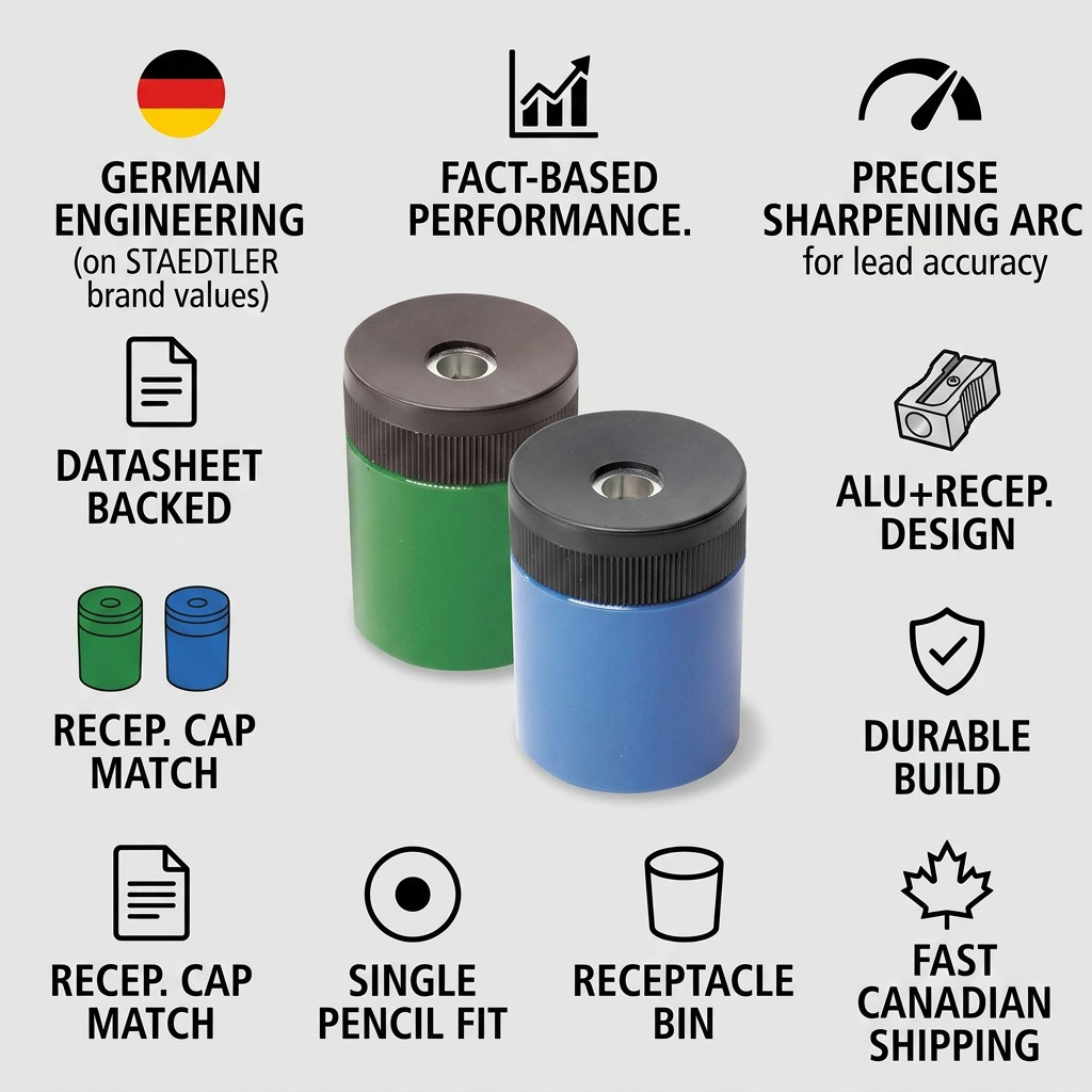 E-commerce matrix for STAEDTLER pencil sharpeners with factual icons and product features.