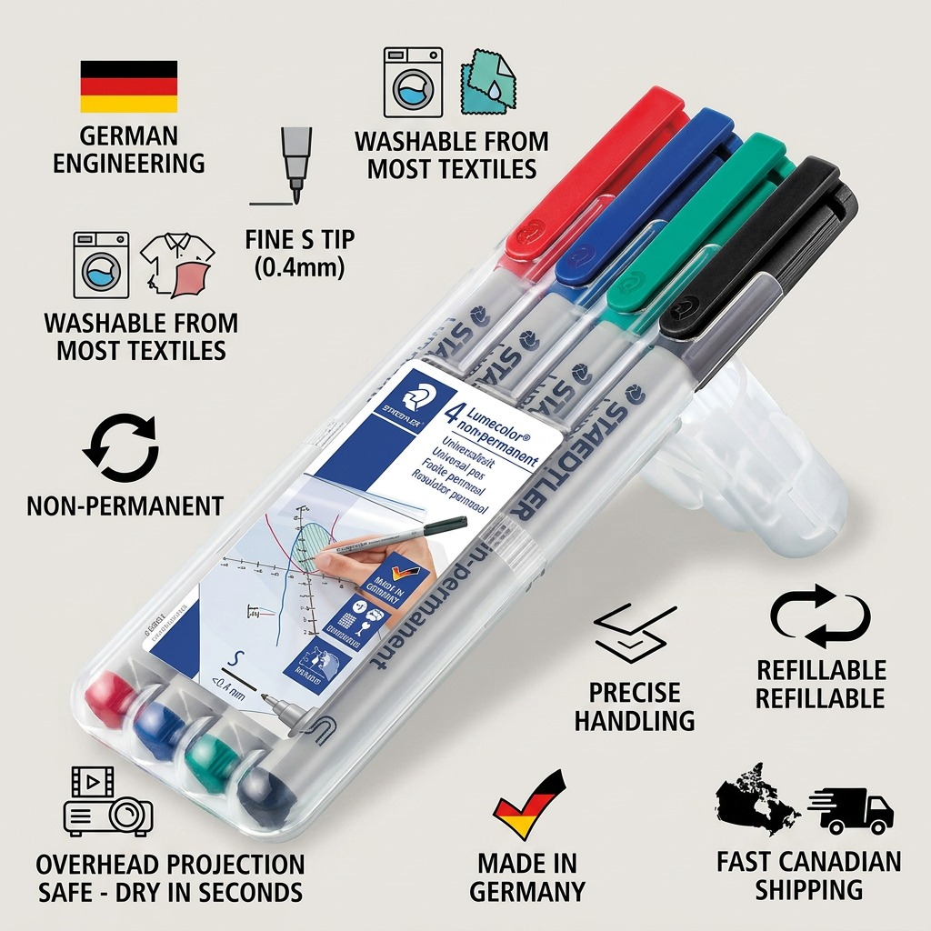 A factual trust and authority infographic for STAEDTLER Lumocolor non-permanent fineliner markers, featuring accurate product visuals and logical data icons.